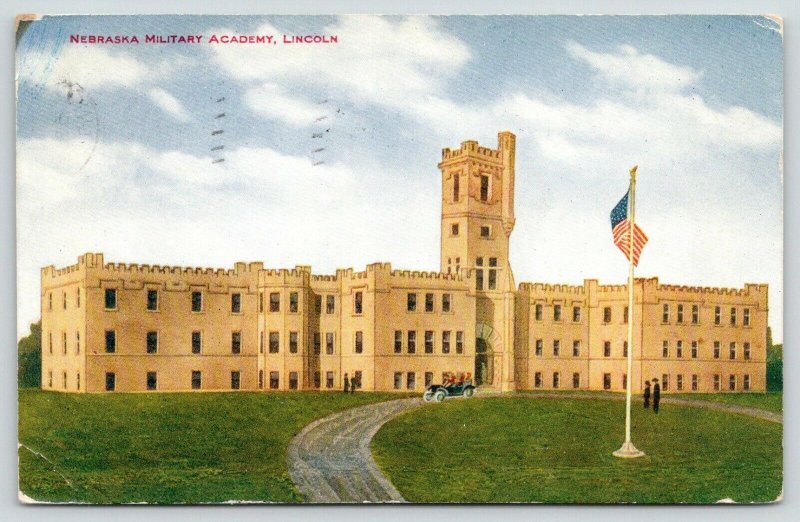 Lincoln Nebraska~Military Academy~Vintage Car on Circular Drive~Flag~1917 