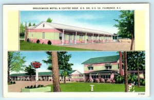 FLORENCE, South Carolina SC ~ Roadside BREEZEWOOD MOTEL Coffee Shop  Postcard