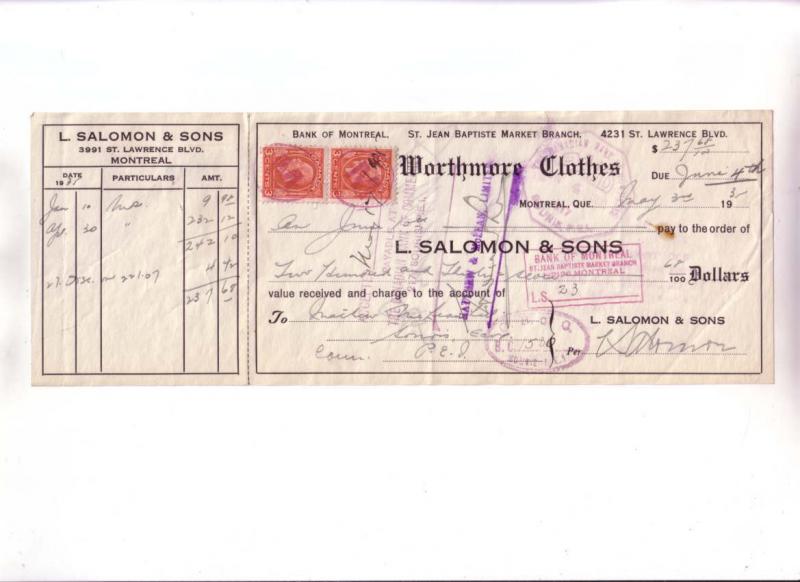 Custom Cheque from L Salomon & Sons, Worthmore Clothes Montreal Quebec, Canada