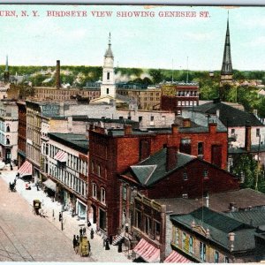 c1910s Auburn, NY Birdseye Genesee Litho Photo Postcard Downtown Street Car A71