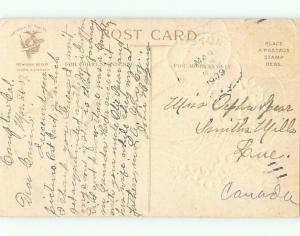 Pre-Linen easter CHICKS PLAYING IN OLD HAT WITH FLOWERS J2494