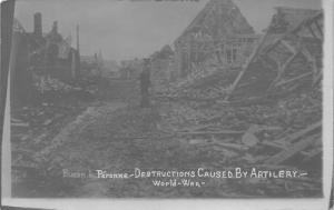 Peronne France~Destruction Caused by Artillery in WWI~Man by Rubble~c1915 RPPC