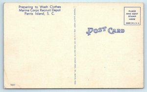 2 Postcards PARRIS ISLAND, SC~ Marine Corps RECRUITS WASH CLOTHES c1940s WWII 