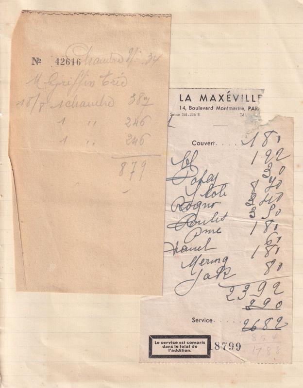 Le Maxeville Paris Montmartre Restaurant 2x 1940s Receipt Ephemera