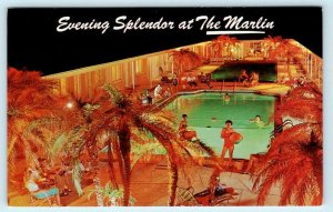 NORTH REDINGTON SHORES, Florida FL ~ Pool at Night  MARLIN MOTEL c1960s Postcard