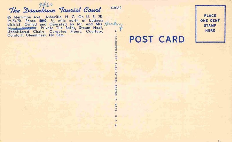 Down Town Tourist Court Motel US 19 70 Asheville North Carolina linen postcard