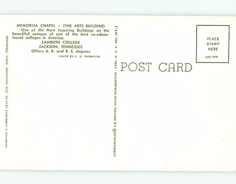Unused Pre-1980 LAMBETH COLLEGE CHAPEL Jackson Tennessee TN A5658