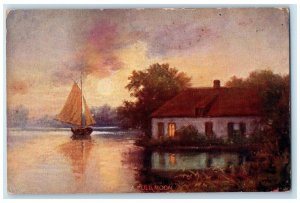 c1910's A Full Moon Sailboat Red Ribbon Coffee Advertising Antique Postcard