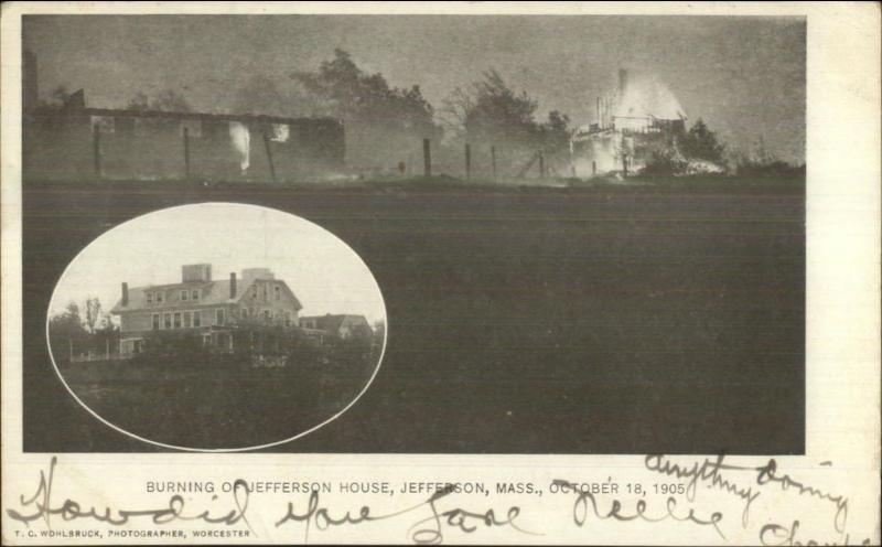 Jefferson MA Burning Jefferson House Fire 1905 Postcard