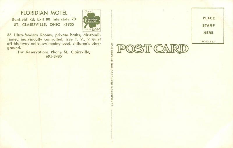 St. Clairsville Ohio 1960s Postcard Floridian Motel 