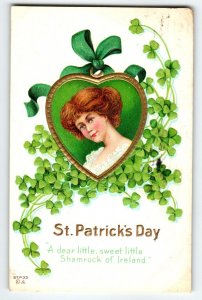St Patrick's Day Postcard Lovely Lady Heart Shaped Charm Shamrocks Nash 1914