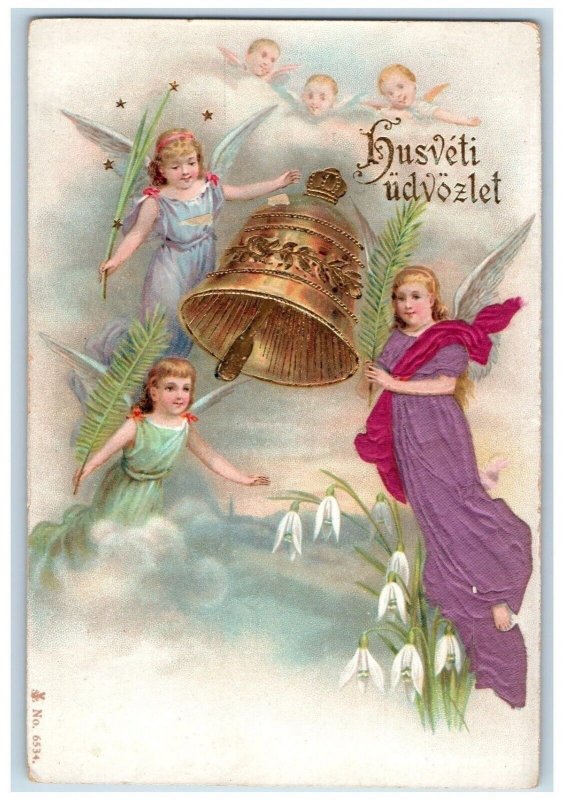 c1905 Christmas Floating Angels Giant Bell White Lily Flowers Silk Postcard