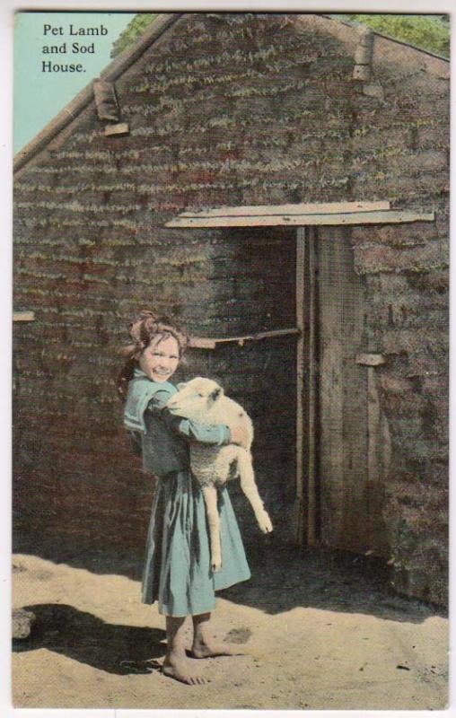 Girl with Pet Lamb and Sod House