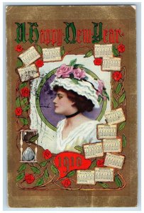 1910 Happy New Year Pretty Woman Calendar Roses Flowers Hourglass Postcard 