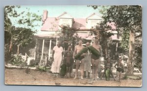 FARMERS FAMILY w/ HUGE CUCUMBERS ANTIQUE HAND COLORED REAL PHOTO POSTCARD RPPC