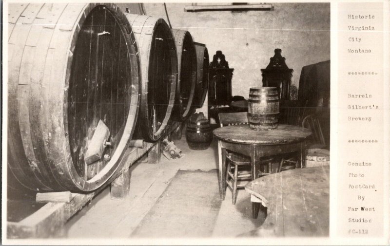 RPPC Barrels in Gilbert's Brewery, Virginia City MT Vintage Postcard M56