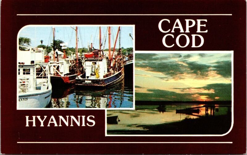 Hyannis Cape Cod Dual View MA Massachusetts Old Boat Sunset VTG Postcard UNP