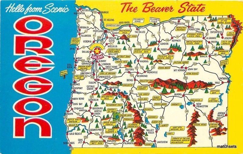 1950s Map Attractions Oregon Beaver State Crocker postcard 1205