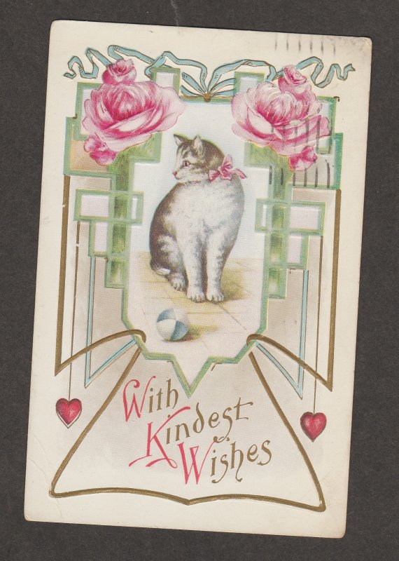 With Kindest Wishes Cat Feline Antique Post Card Embossed