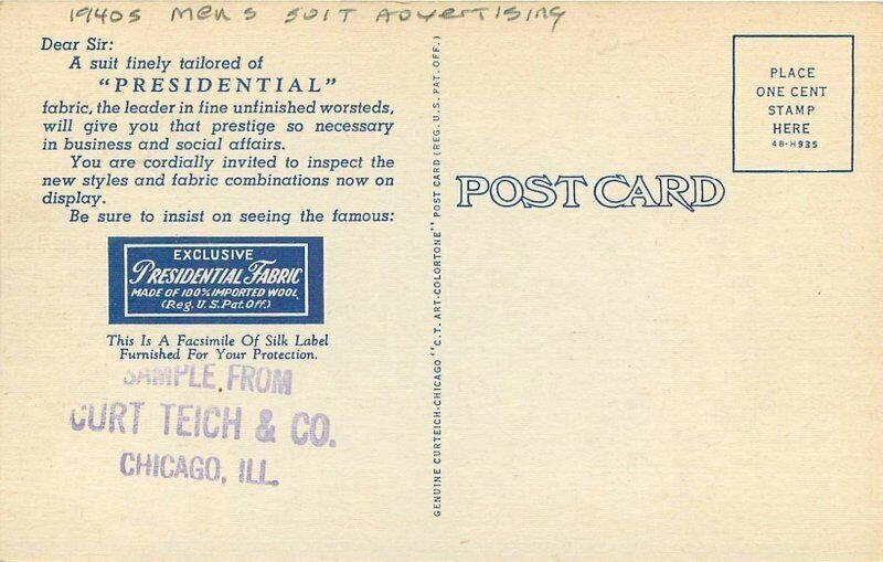Mens Suit Advertising Presidential London Shrunk Teich Postcard 21-6470