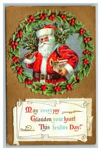 Vintage 1910's Christmas Postcard - Santa Claus Carries Xmas Tree Large Wreath