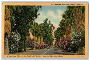 1952 Kearney Boulevard Road Palms & Flowering Shrubs Fresno California Postcard