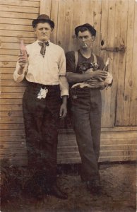 J81/ Interesting RPPC Postcard c1910 Men Drinkin Alcohol Pet Dog Cigarette 155