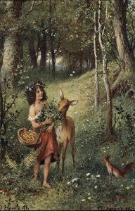 A/S HERRFURTH Fantasy Young Maiden w Deer and Squirrel c1910 Postcard