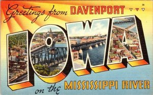 Davenport, IA Iowa  LARGE LETTER LINEN Greetings  ca1940's Tichnor Postcard