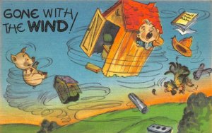 Comic  GONE WITH THE WIND Tornado~Flying Outhouse & Pig  ca1940's Linen Postcard