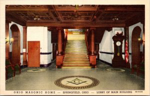 Linen Postcard Lobby of Main Building Ohio Masonic Home Springfield, Ohio