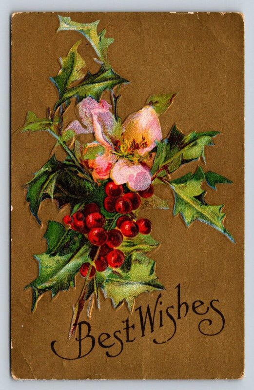 c1911 Pink Flower w/ Holly Berries Best Wishes Embossed ANTIQUE Postcard 0950