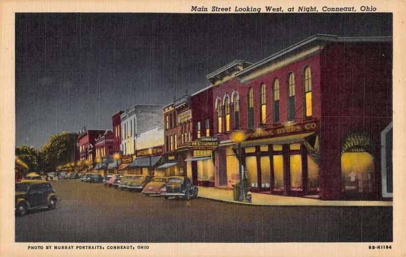 Conneaut Ohio Main Street At Night Linen Antique Postcard K21173 
