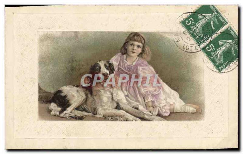 Old Postcard Fun Children dog