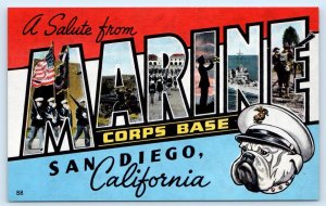 Large Letter Linen SAN DIEGO, CA ~ Bulldog MARINE CORPS BASE 1940s WWII Postcard