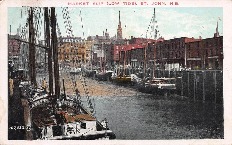 Market Slip, Low Tide, St. John, New Brunswick, Canada, Early Postcard, Used