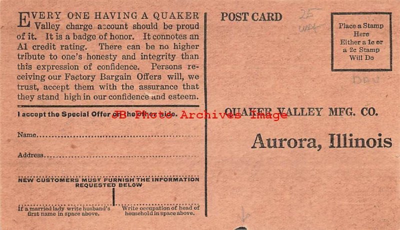 Advertising Postcard, Quaker Valley Manufacturing Co, Sudden Service Car, Aurora