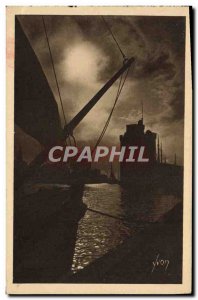 Old Postcard The Moonlight Rochelle harbor boat