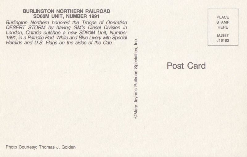 BURLINGTON NORTHERN Railroad Postcard GM Diesel Unit 1991