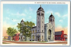 Jackson Michigan MI Postcard St. Mary's Star Of The Sea Exterior c1940's Vintage