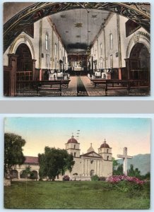 2 Postcards SANTA BARBARA MISSION, California CA ~ Handcolored INTERIOR/EXTERIOR