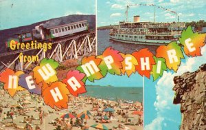Postcard Greetings From New Hampshire Beach Bathing Railway Boats Rock Formation