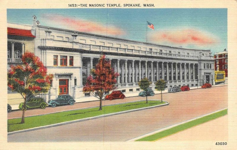 SPOKANE, WA Washington  MASONIC TEMPLE  Fraternal Order  c1940's Linen Postcard