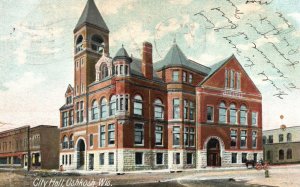 Vintage Postcard 1907 City Hall Building Oshkosh Wisconsin WI