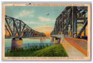 1941 Memphis Harrahan Bridges Mississippi River Memphis Tennessee TN Postcard 