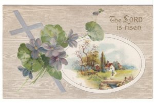 The Lord Is Risen, Rural Scene, Flowers, Cross, 1908 Winsch Back Easter Postcard