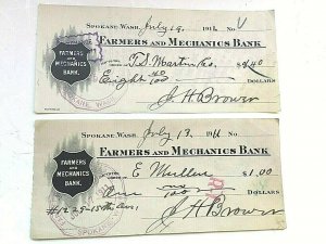 Lot of 2 1911 Bank Check drawn on Farmer's & Mechanics Bank , Spokane, WA.  X4