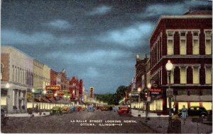 Ottawa, IL Illinois LA SALLE STREET SCENE~Night View ROXY~SEARS ca1940s Postcard
