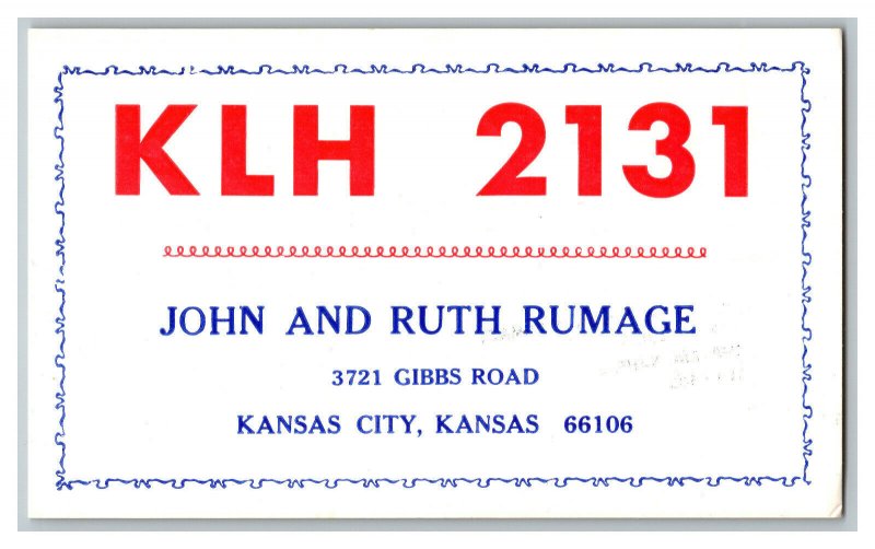 QSL Radio Card From Kansas City Kansas KLH 2131 