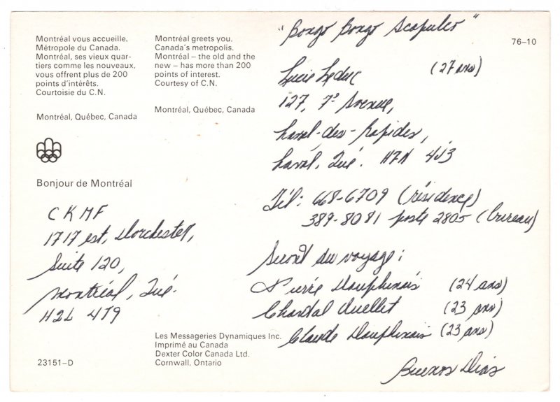 Greetings from Montreal, Quebec, Canada - 1976 Olympics Logo